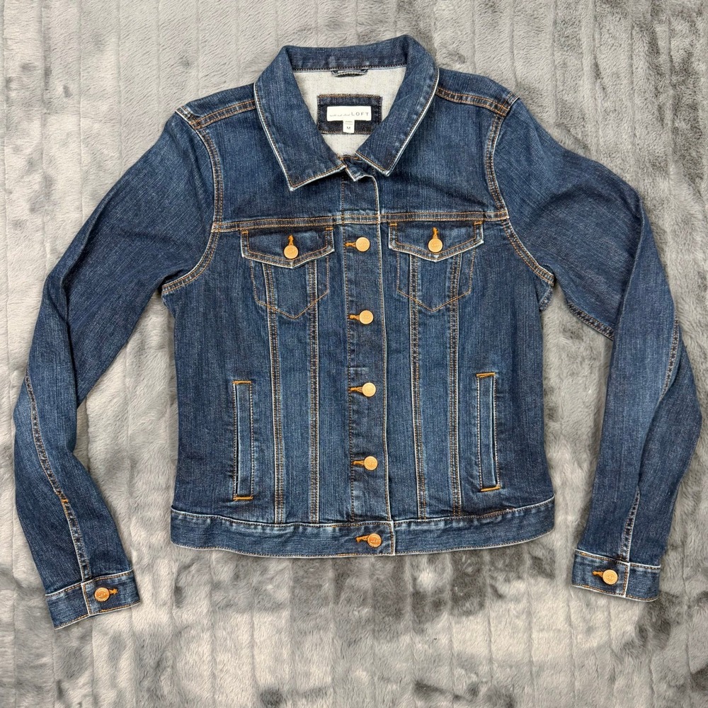LOFT Womens Denim Jacket Dark Wash Blue Cotton Blend Stretch Jean Jacket Size M